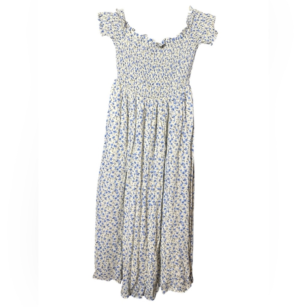 UO Blue Floral Emily Smocked Off-the-Shoulder Midi Dress